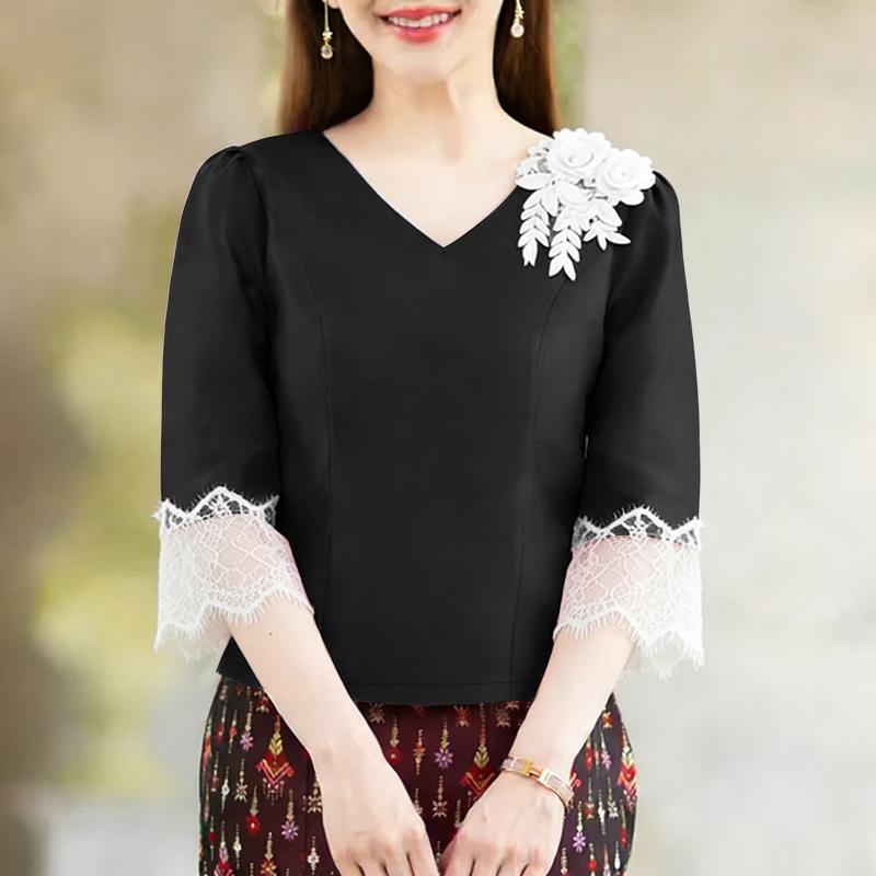 ZANZEA Women Casual V-Neck Lace Crochet Splice 3/4 Sleeve Blouse