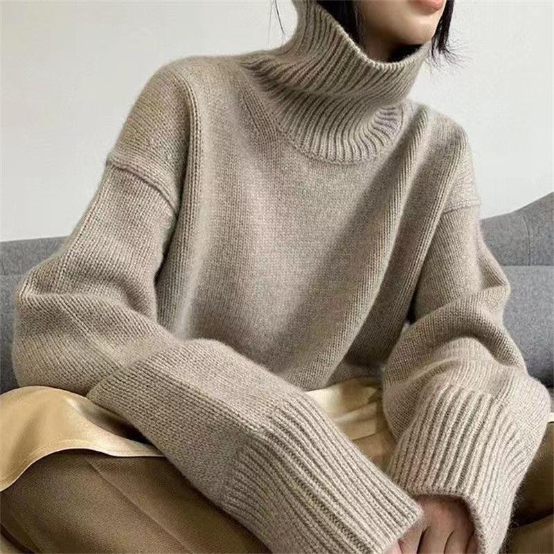 Women's European High Neck Pullover Sweater: Autumn/Winter Loose Fit, Slimming Plain Knit Base Layer