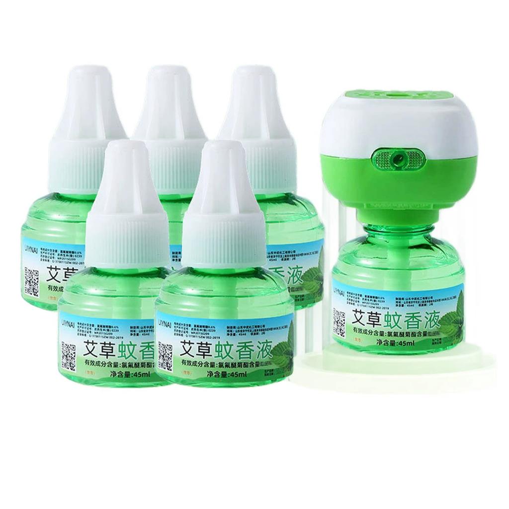 Set Repellente Elettrico per Zanzare con 1 Dispositivo e 5 Ricariche da 45ml Ciascuna Formula Naturale a Base di Erbe Adatto per Uso Domestico