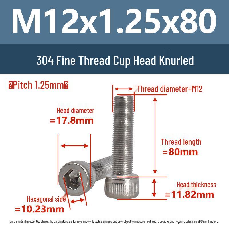 Yigu Fine Thread Knurled Socket Head Screws, 304 Stainless Steel, M3-M12