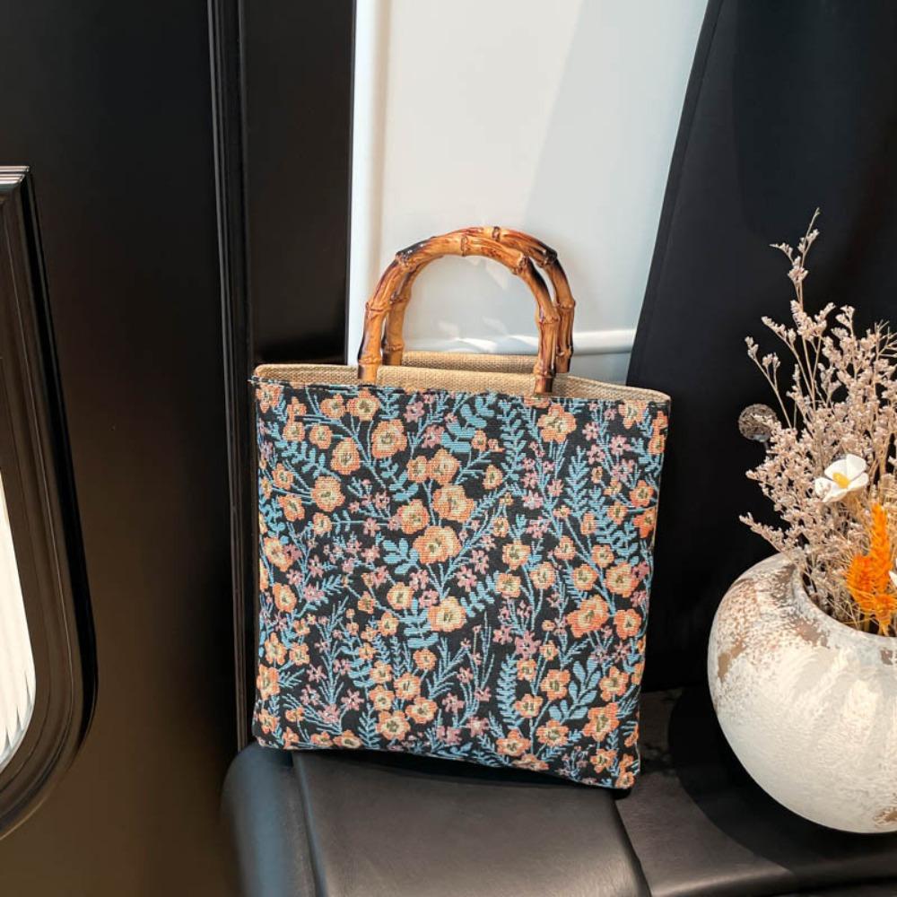 Cloth Material Bamboo Knot Handbag Floral Flower Print Vintage Chinese Style Tote Large Capacity Artistic Jacquard Tote Bag