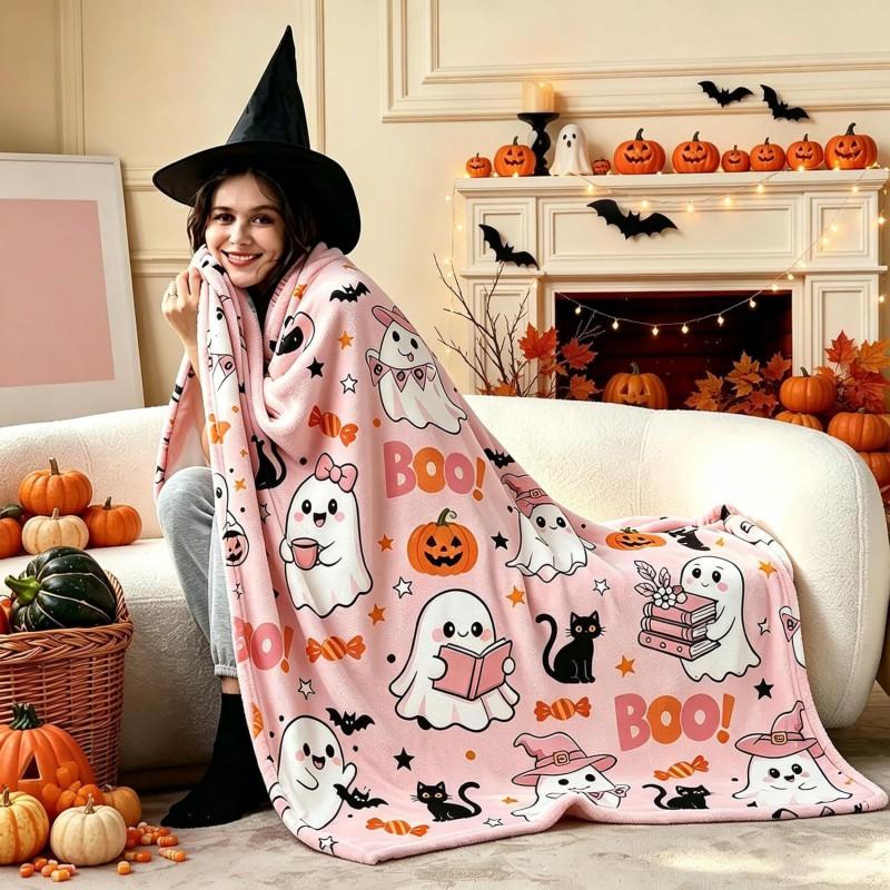 Halloween Pumpkin Ghost Flannel Blanket Sofa Nap All Season