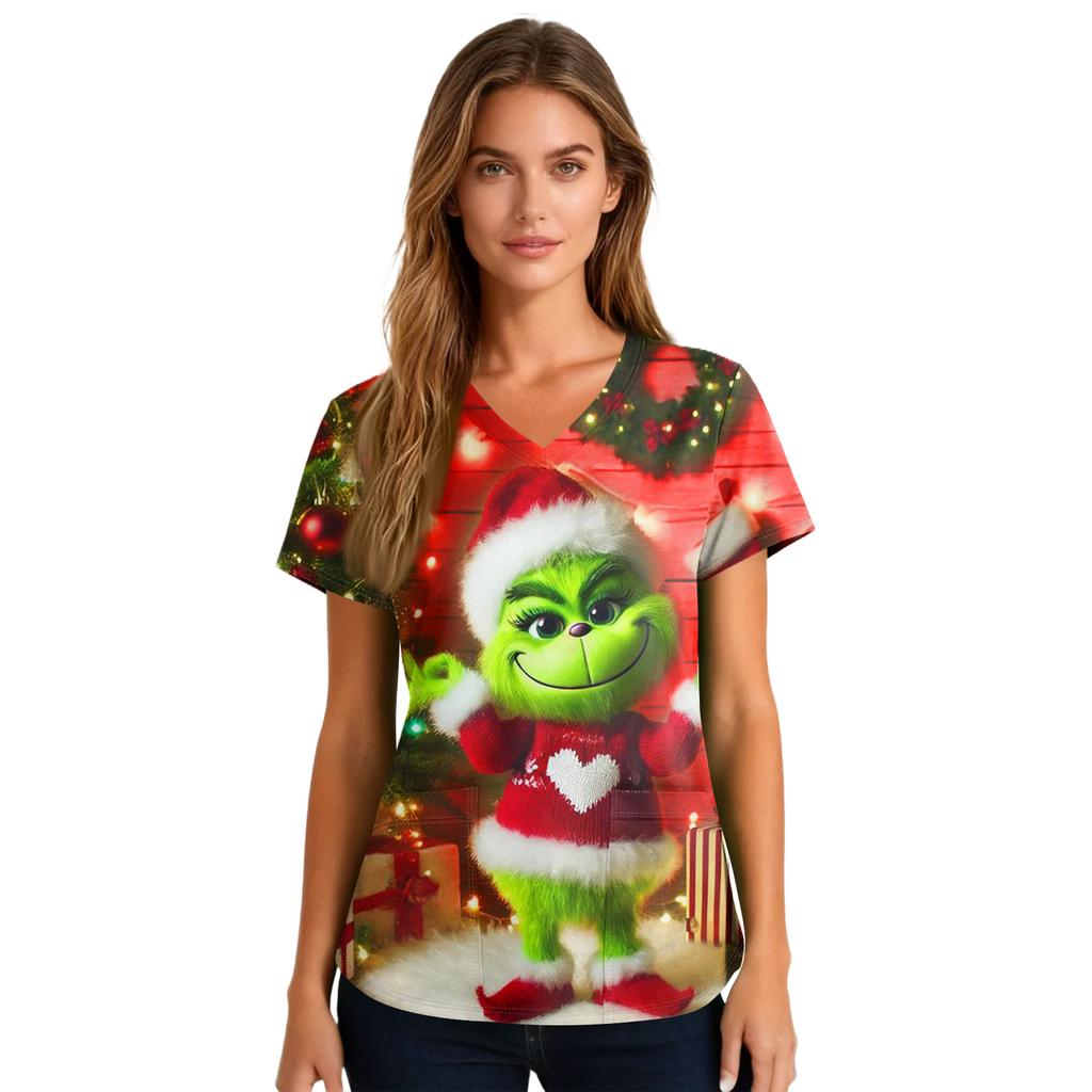 Women's Cute Printed Work Clothes V-neck Double Layer Pockets Basic Short Sleeve Top Pullover Valentines