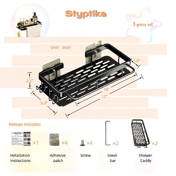 2 - Pack Aluminum Shower Caddy With 2 towel bars and 4 fixed hooks,No Drill Wall Mount Adhesive shower shelves for inside shower,Black Rustproof