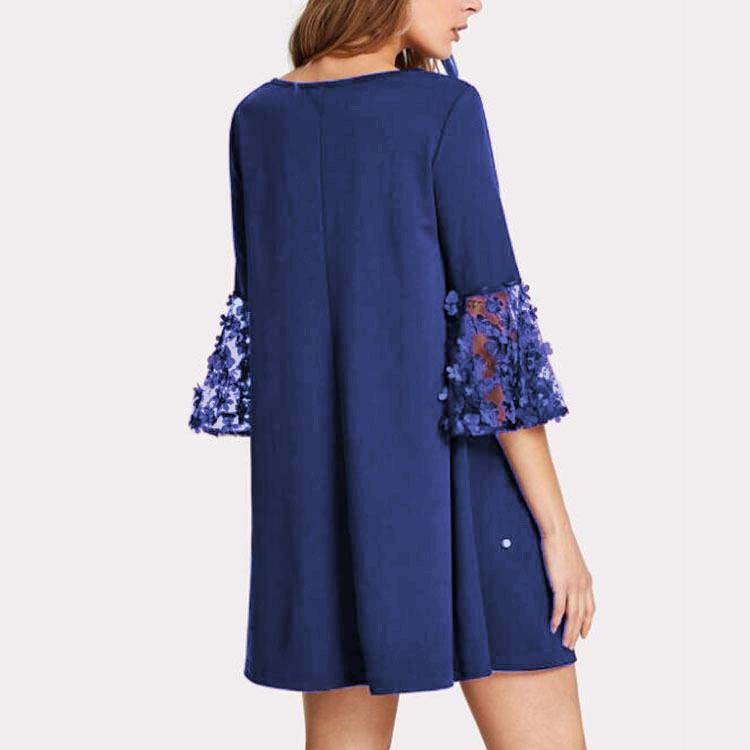 Women Casual Patchwork Tulle Polka Dot Crew Neck Loose A-line Dress