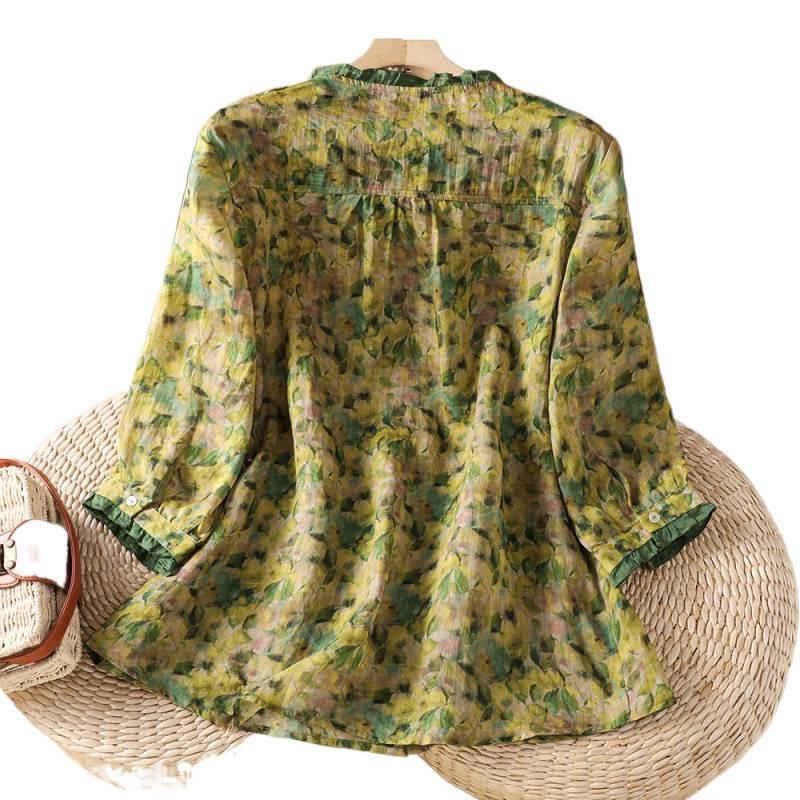 2026 Plus Size Women's Pure Ramie Summer Loose Green Top