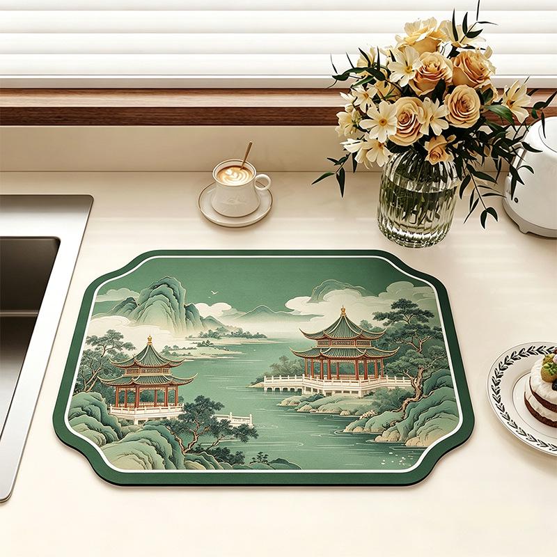 Chinese-Style Irregular Flower & Bird Diatom Mud Coffee Mat: Stain-Resistant, Easy-Clean, Non-Slip Kitchen Draining Mat