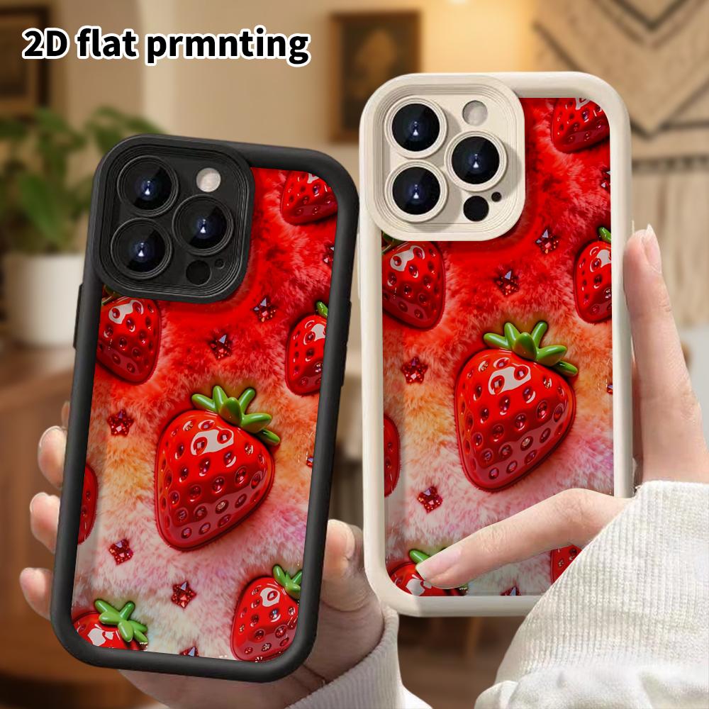 Carcasa de telefon: Plat 2D, potrivit pentru husă protectoare iPhone 18 17 16 15 14 13 Pro, căpșună de pluș, cadou perfect de Crăciun și Halloween