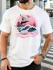 Navy Mens Tee Crane Wave City Circle Art Print Crew Neck Cotton Short Sleeve Male Street Summer