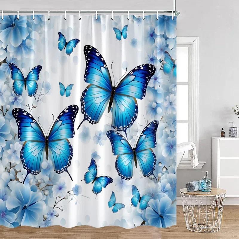 Floral Blue Butterfly Shower Curtain Purple Flowers Butterflies Plant Polyester Fabric Bathroom Decor Bath Curtains With Hooks