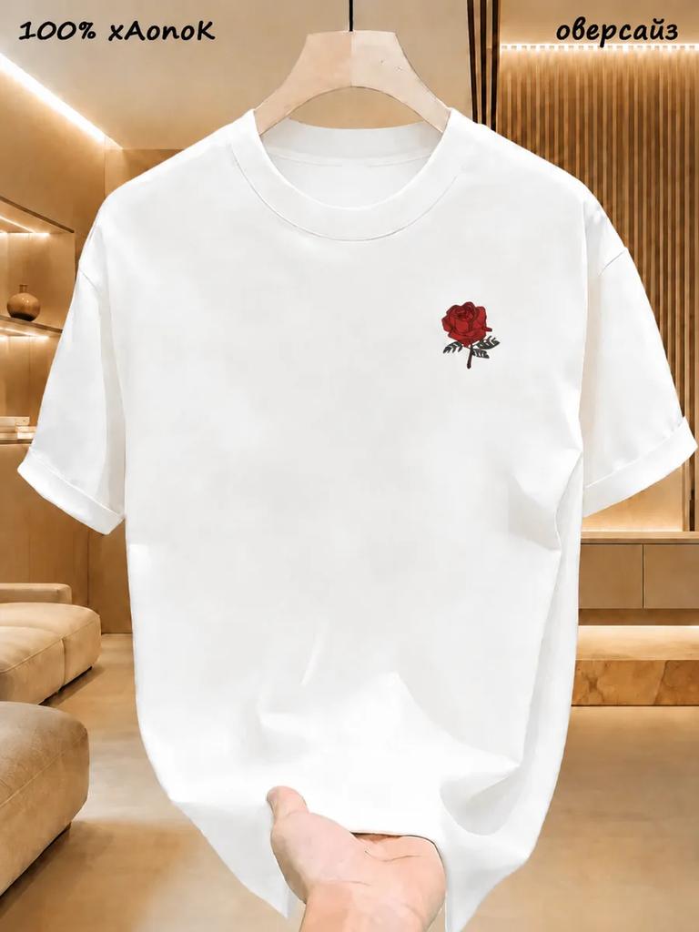 White Oversized T-Shirt with Rose Print