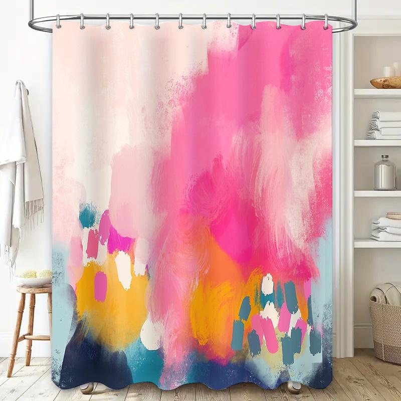 Abstract Art Shower Curtain Modern Teal Blue Beige Brush Stroke Backdrop Bathroom Decor Washable Waterproof Fabric