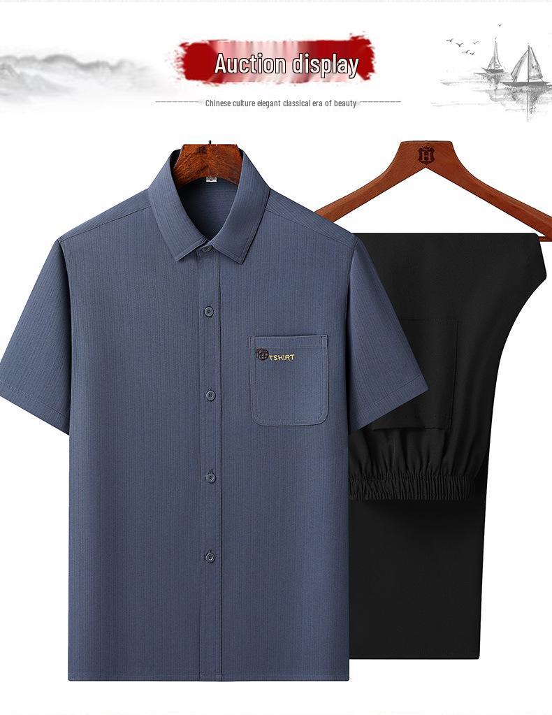 Men's Ice Silk Summer Short-Sleeve Shirt Set for Middle-Aged and Elderly