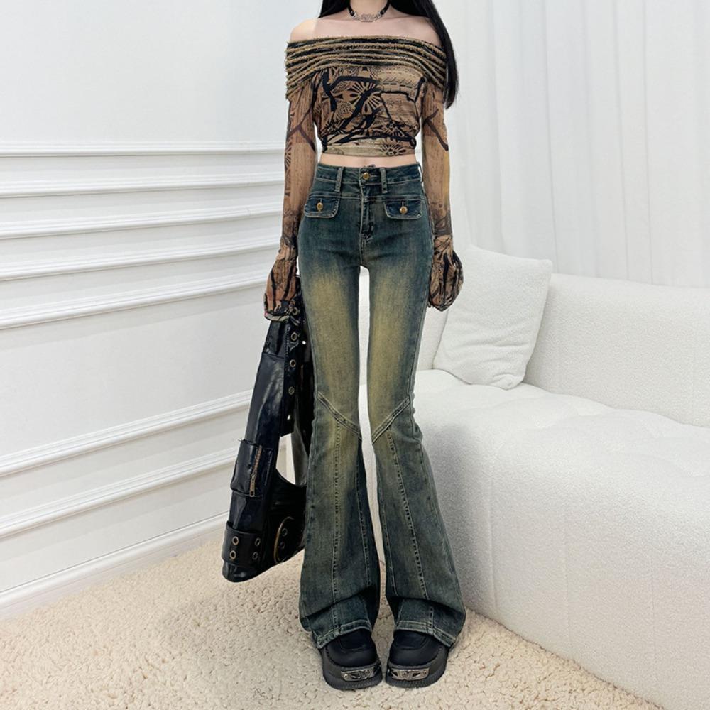 Niche high street micro-pull jeans women's spring and autumn new high-waisted design horseshoe horn jeans tide