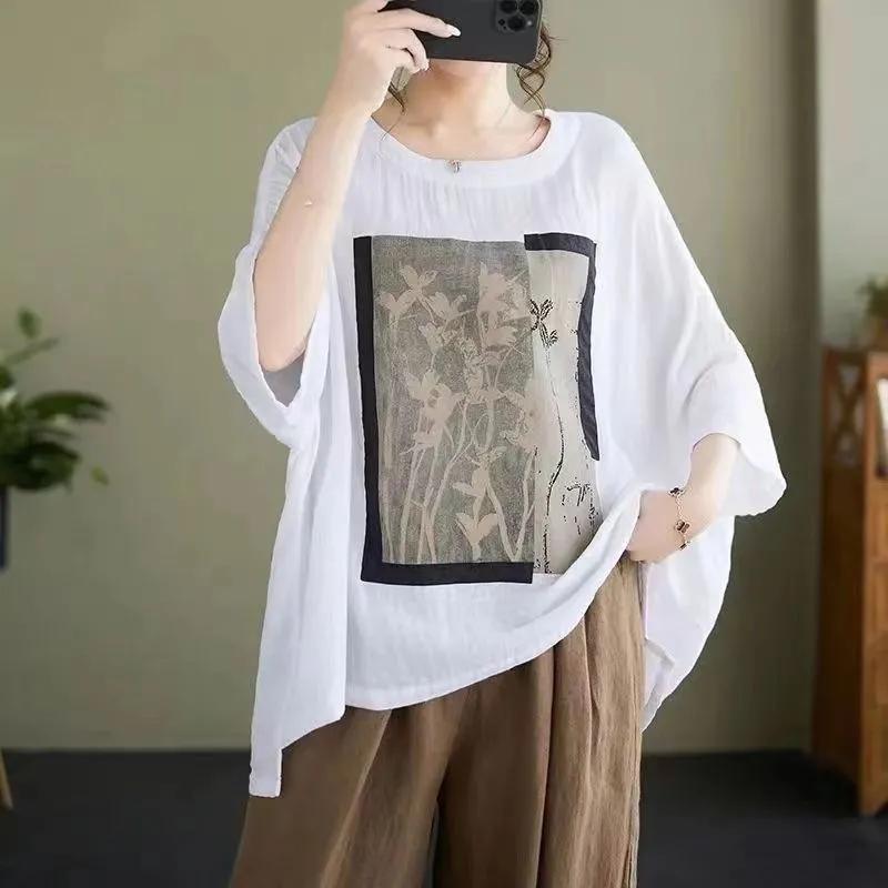 Women Cotton Linen T Shirt Vintage Print Loose Fashion Casual Short Sleeve Oversized Blouse Summer Clothing
