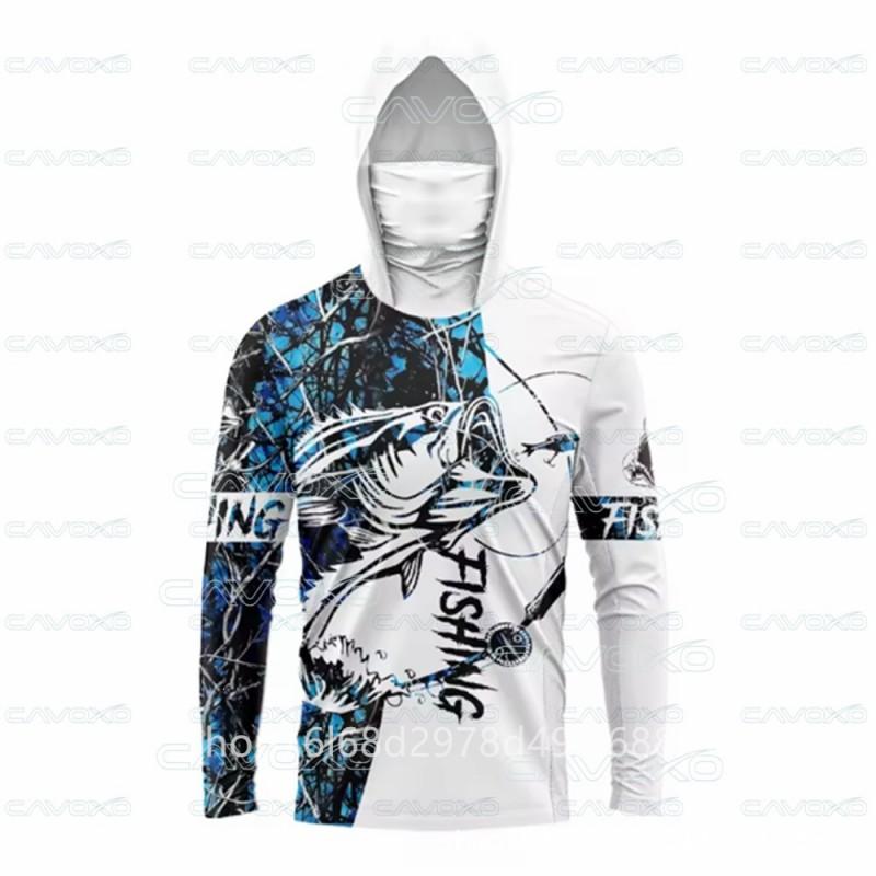 Lightweight Ice Silk Fishing Shirt With Hood Face Cover Quick Dry UV Protection Long Sleeve Men Outdoor Fly
