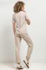 Fitted V-neck blouse T394 white and beige stripes XS