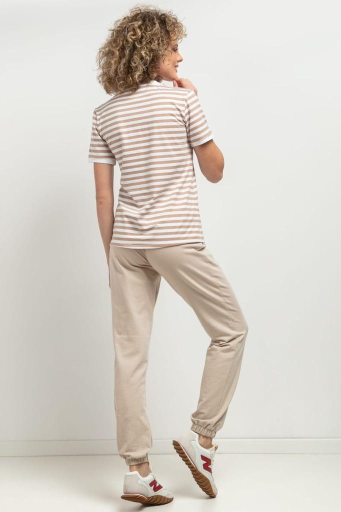 Fitted V-neck blouse T394 white and beige stripes XS
