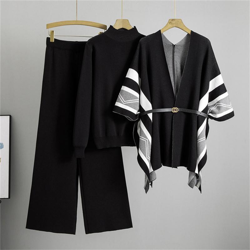 Set da donna autunno e inverno alla moda tre pezzi Cardigan scialle in maglia casual ampio Maglione a collo alto Pantaloni a gamba larga