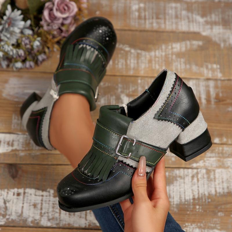 Spring and Autumn Ladies Wind Bullock Contrasting Tassel Side Zipper Women's Shoes Belt Buckle Middle Heel Single Shoes