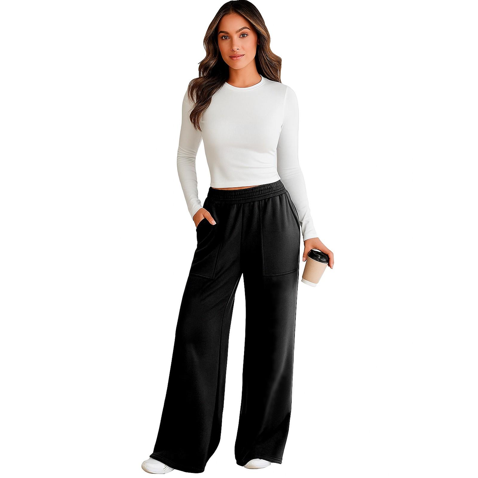 

Женские широкие спортивные штаны Эластичные с высокой посадкой Длинные брюки Повседневные свободные штаны для йоги с карманами XL чёрный