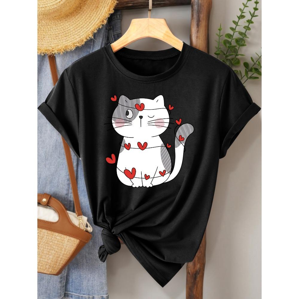 Women Cotton Short Sleeves T-shirts Heart Cat Women's Tee Cute Graphic Casual Beige Top