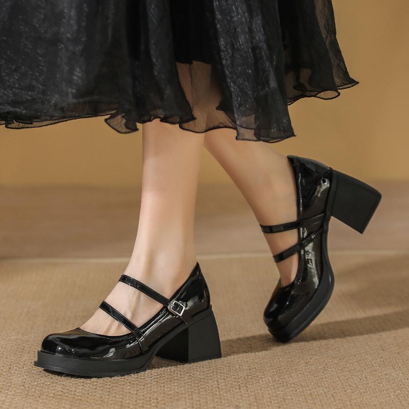 Mary Jane Shoes Women's Spring and Summer New Shallow Mouth One-word Buckle Strap Beautiful High Heels Platform Small Leather Shoes