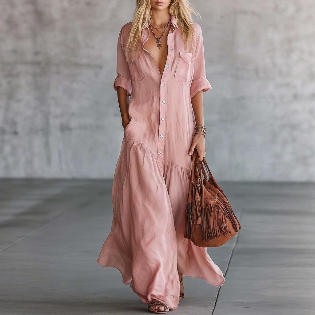 Women's Casual Dresses - Bohemian V-neck Shirt Collar Mid-length Loose Flowy Swing Vacation Dress Women