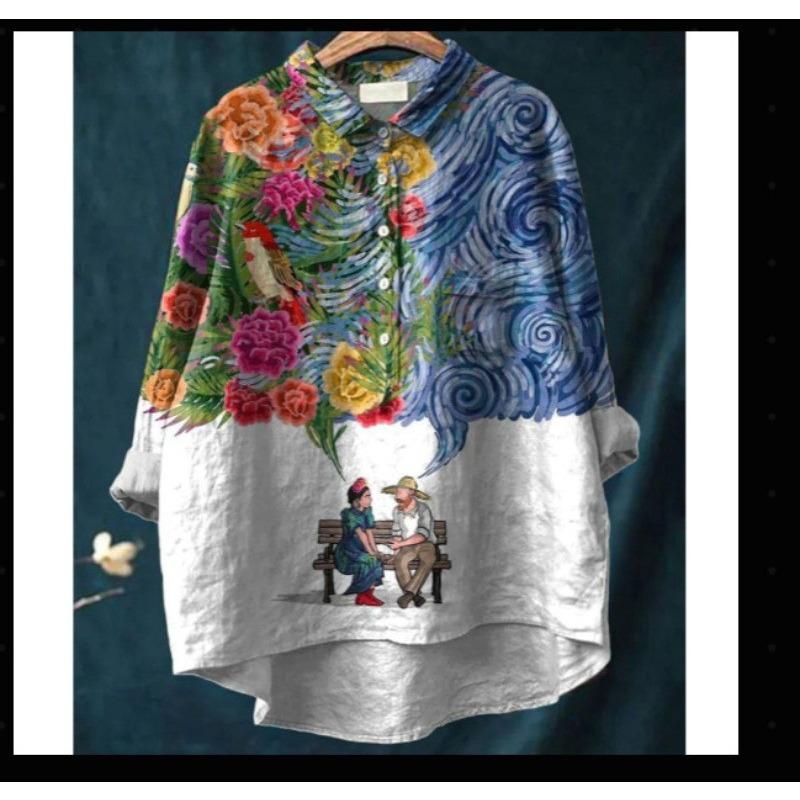 Tier Blumenmuster Bedruckte Hemden Hawaii Polyester Freizeit Langärmlig Damenblusen & Hemden