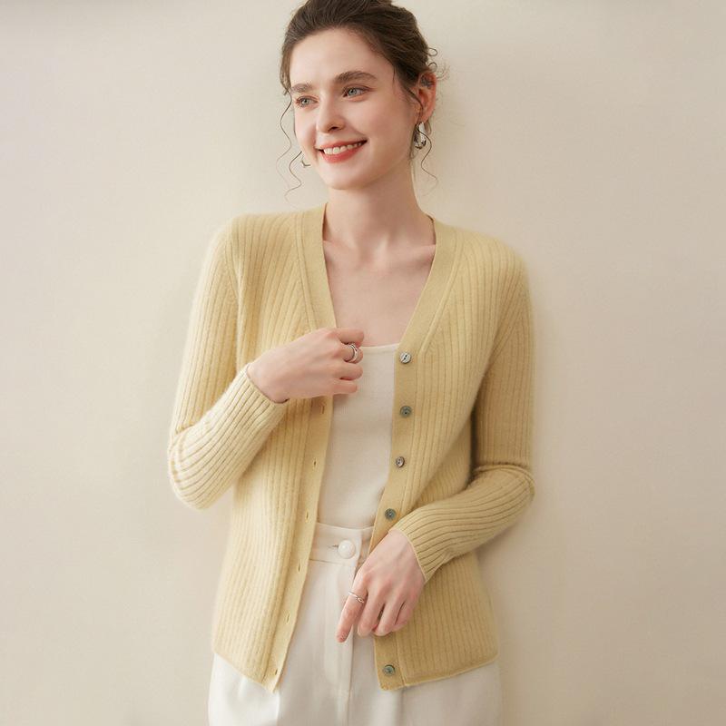 Cardigan Elegante de Color Sólido para Mujer, 100% Cachemir, Cuello en V - Capa Otoño/Invierno