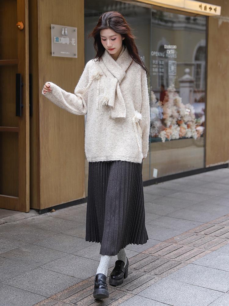 Winter 2024 Women's High-Waisted Wool Blend Pleated Midi Skirt – Slimming A-line Casual Style