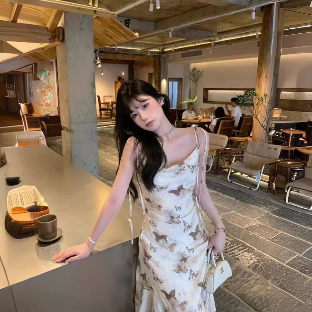 Butterfly Print Swinging Collar Suspender Dress Women's Summer French Temperament Waist Thin Irregular Vacation Long Skirt