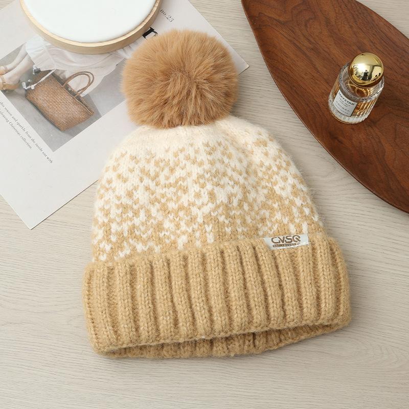 Korean Version of Autumn and Winter Hat for Women with Velvet Rabbit Wool Knitted Hat Wool Ball Cute Wool Hat Ear Protection Warm Pullover Hat