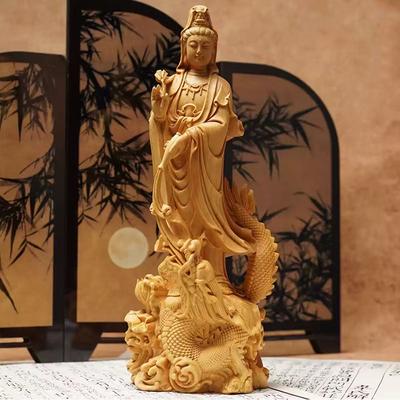 Naturholz Drachen Guanyin Buddha Statue, Traditionell handgeschnitzte chinesische buddhistische Figuren Heim Wohnzimmer Feng Shui Statue