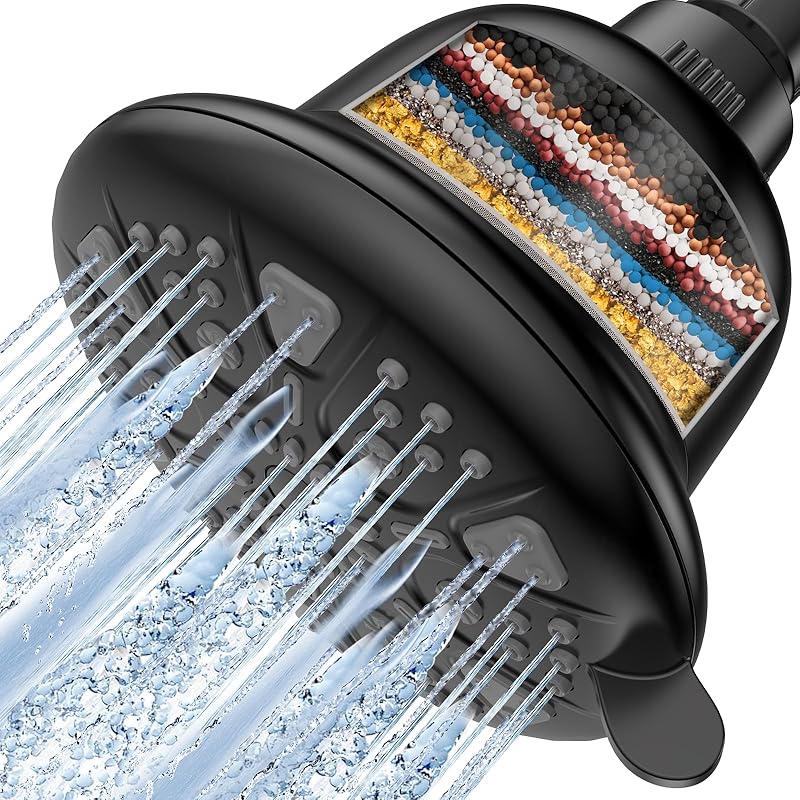 Filtered Shower Head with16 Stage Shower Filter Cartridge High Pressure 7 Spray Settings Shower Head Filter for Hard Water Removes Chlorine and Heavy ‎‎Mattle Black