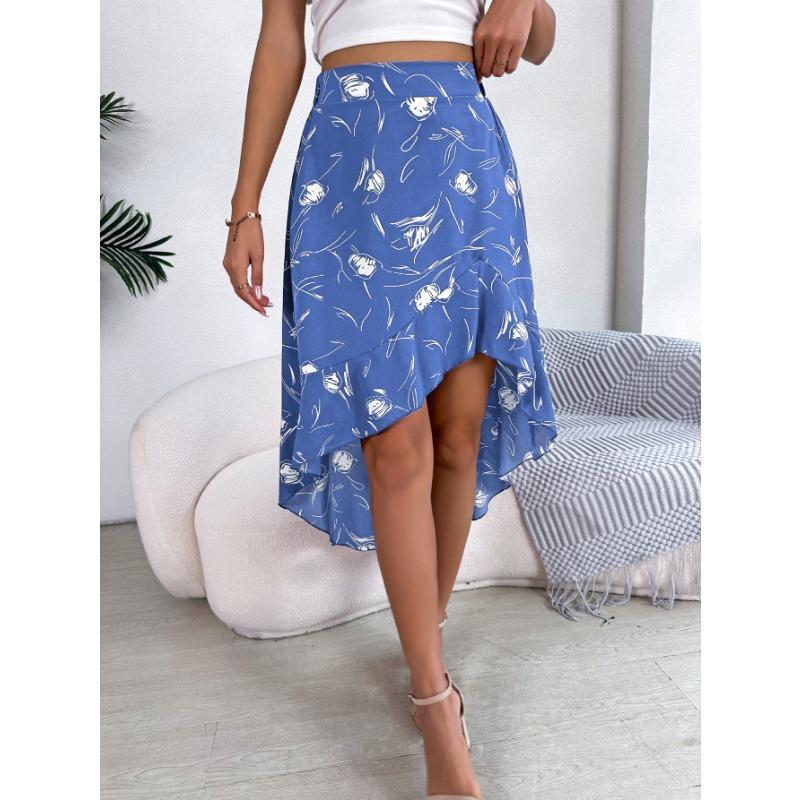 

Женская юбка средней длины с асимметричными воланами, весна-лето, для отдыха L светло-синий