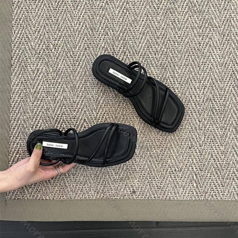 Comemore French Women Sandals Slippers Female Summer New Low Heeled Flip Flops Solid Casual Square Toe Beach Slippers