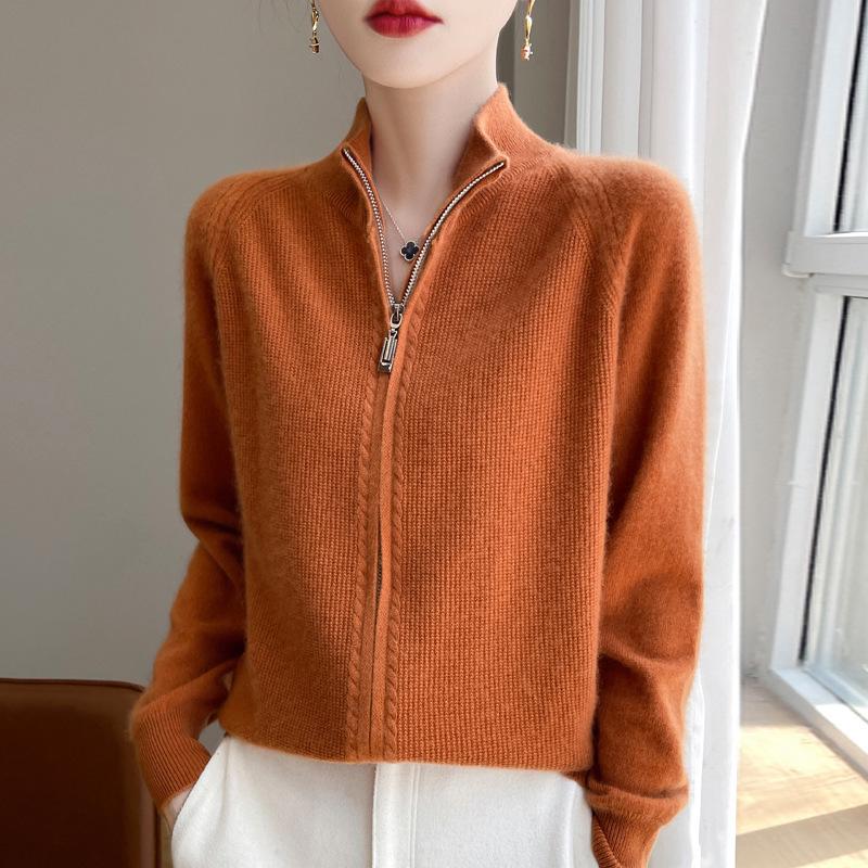 Women's Pure Wool Double Zipper Knit Cardigan - Stand Collar, Drop Shoulder, Versatile Cashmere Sweater for Autumn/Winter