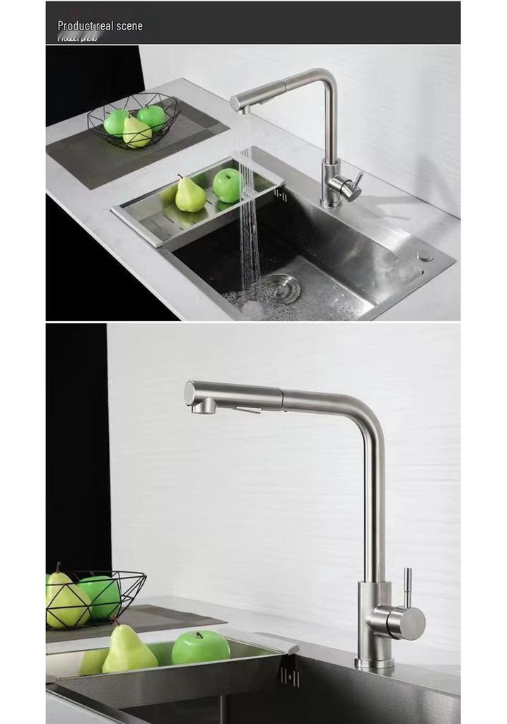 Stainless Steel Pull-out Kitchen Faucet with Dual-Function Telescopic Rotating Spout for Vegetable Sink (Hot & Cold Water)