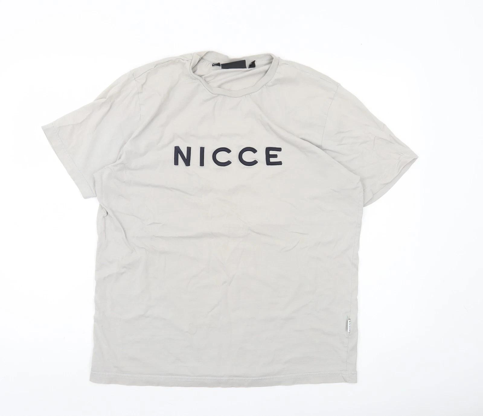 

Nicce Men Beige Cotton Short Sleeve Crew Neck Logo T-Shirt Size L XL