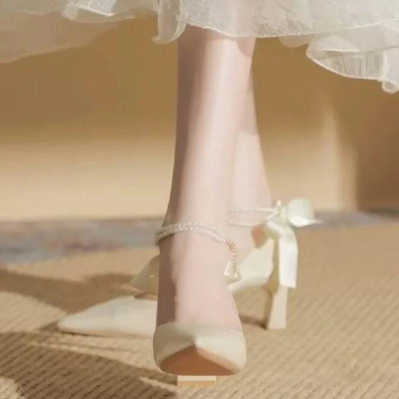 Fashion Square Heel Single Shoes Summer New Pointed Toe Shallow Mouth Beaded Bow Non-Slip Wear-Resistant High Heels