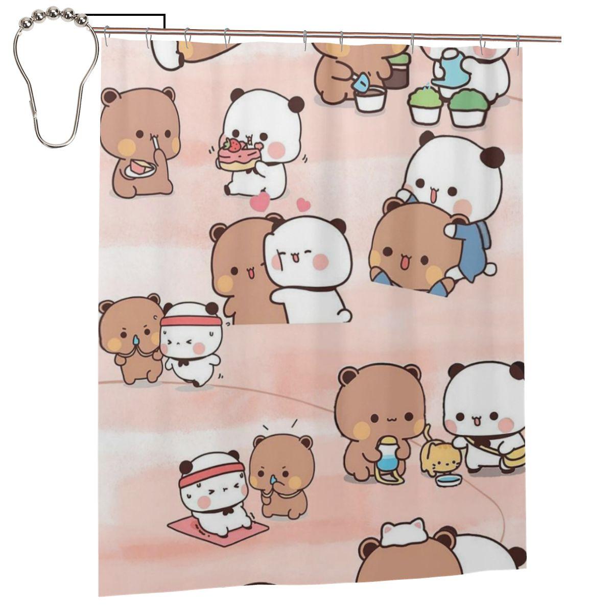 

Bubu Dudu Panda Bears Cartoon Shower Curtain Bathroom Polyester Waterproof Bath Curtains with Hooks 152x183 cm
