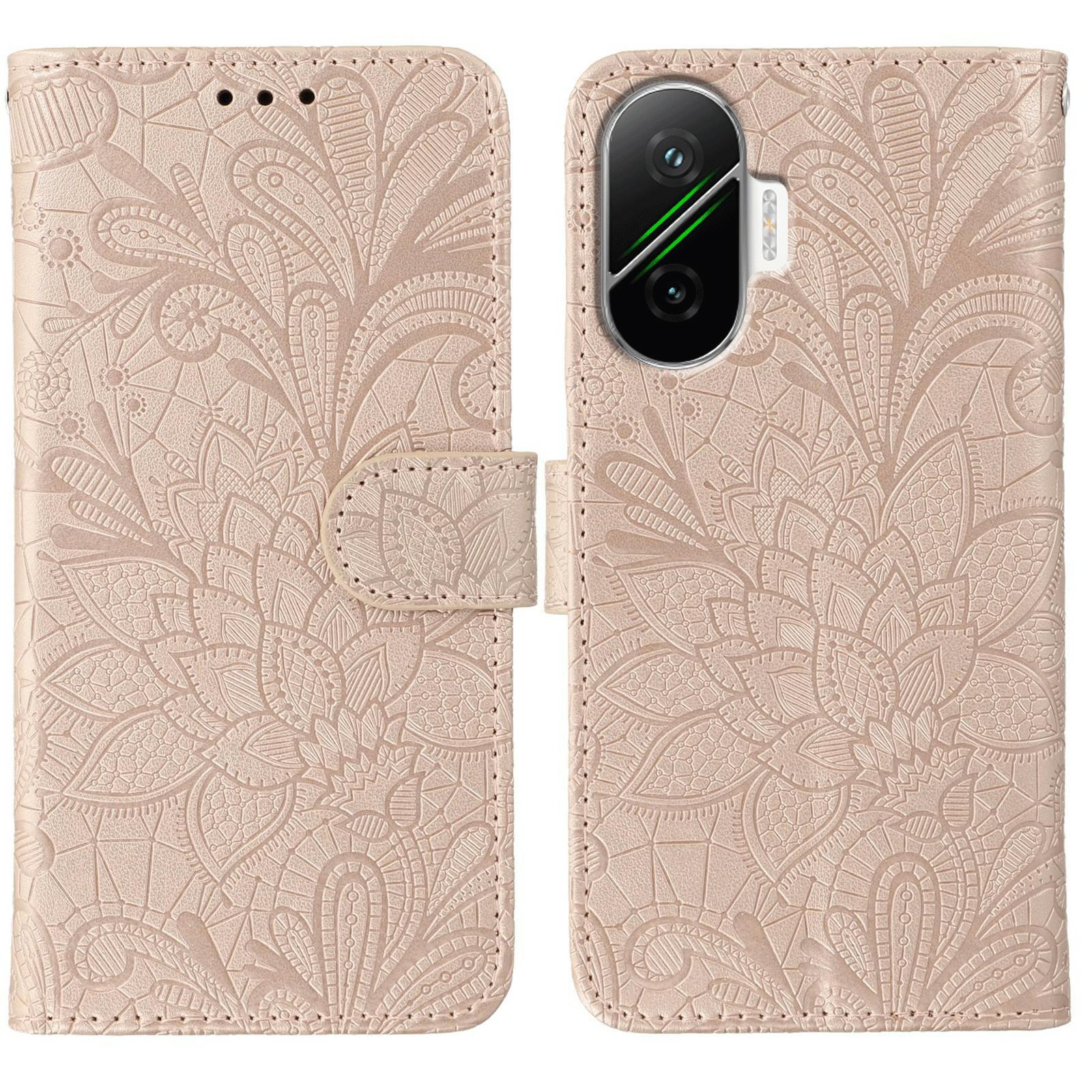 

For Xiaomi Poco F7 5G/Redmi Turbo 4 Pro 5G Case Lace Flowers PU Leather Flip Wallet Phone Cover Rose Gold