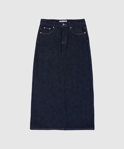 HAINT [Fleece Bonding] Non-Fade Denim Long Skirt_Dark Blue