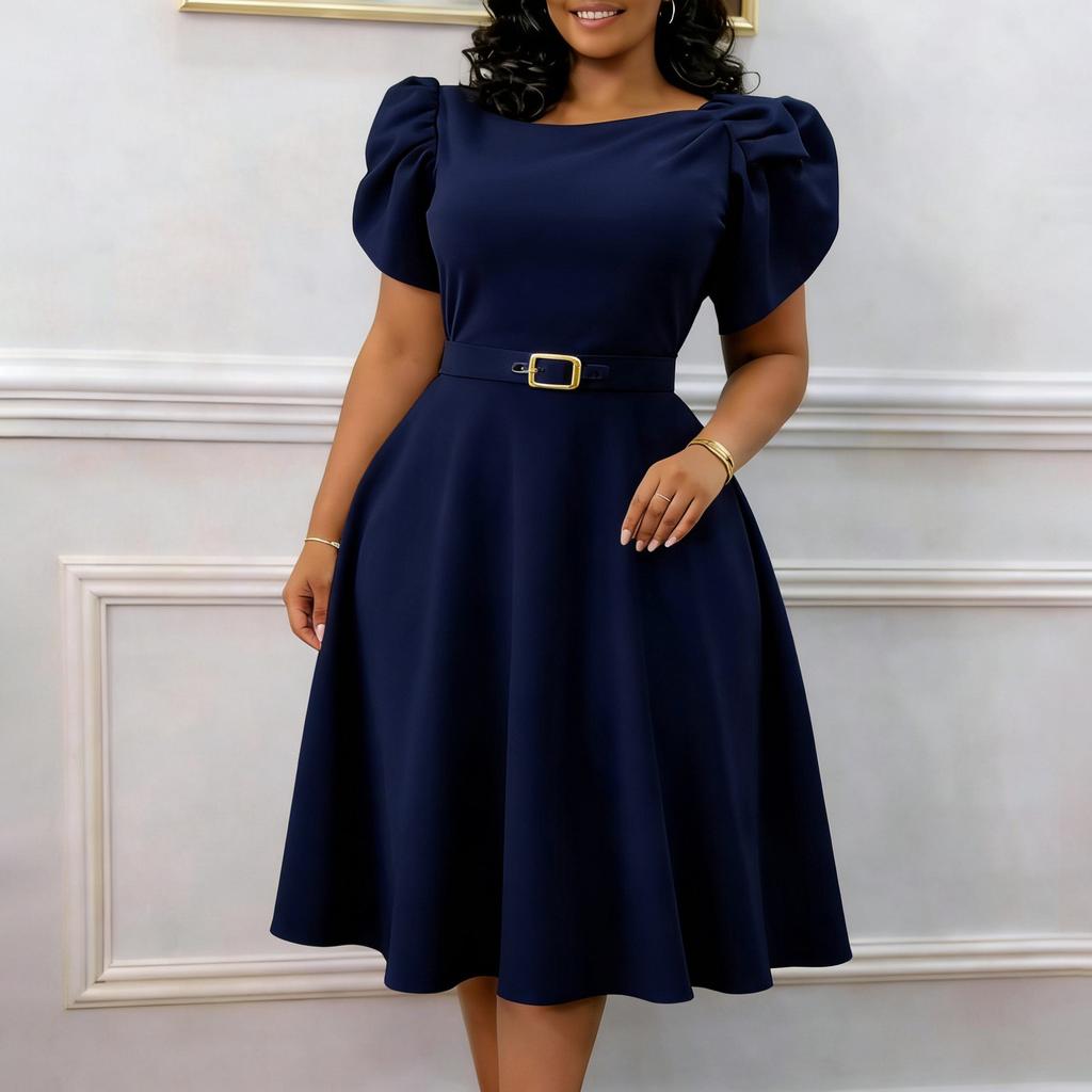 Elegantes O-Ausschnitt Kleid mit hoher Taille Sommer Mode A-Linie Damenkleid