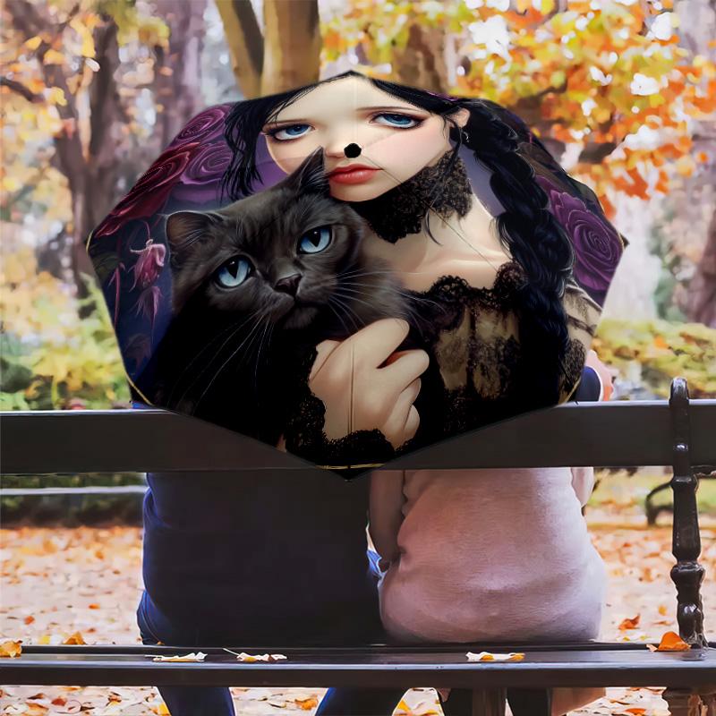 Black Cat Girl pattern, automatic folding umbrella, portable and foldable design, 8 ribs, a Christmas or birthday gift.