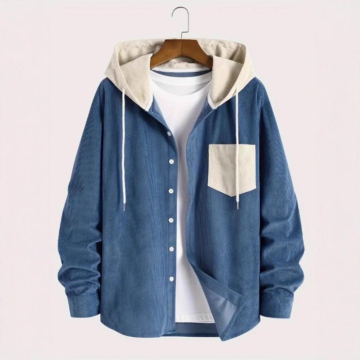 Men's Color-Block Corduroy Hooded Jacket - Warm and Thickened Design