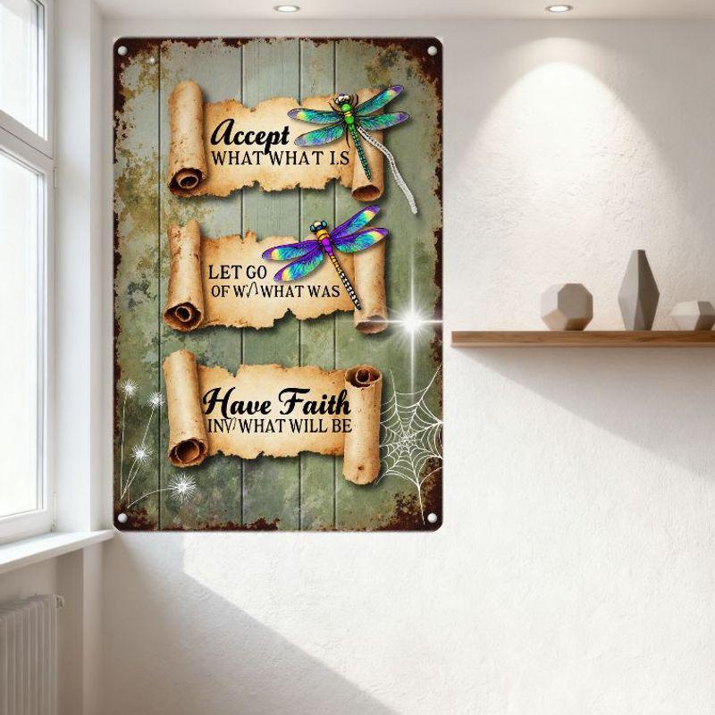 Rustic Vintage Wooden Plank Metal Sign with Dragonflies - 'Accept What Is', 'Let Go Of What Was', 'Have Faith In What Will Be' M