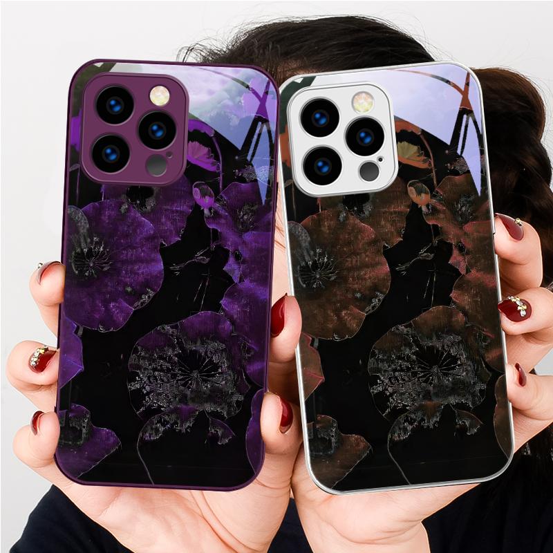 Light luxury lotus leaf For iPhone 16 E 15 14 13 Plus 12 mini 11 Pro Max XR Xs Max X 7 8 P lus 6 6S 22 Tempered Glass Phone Case