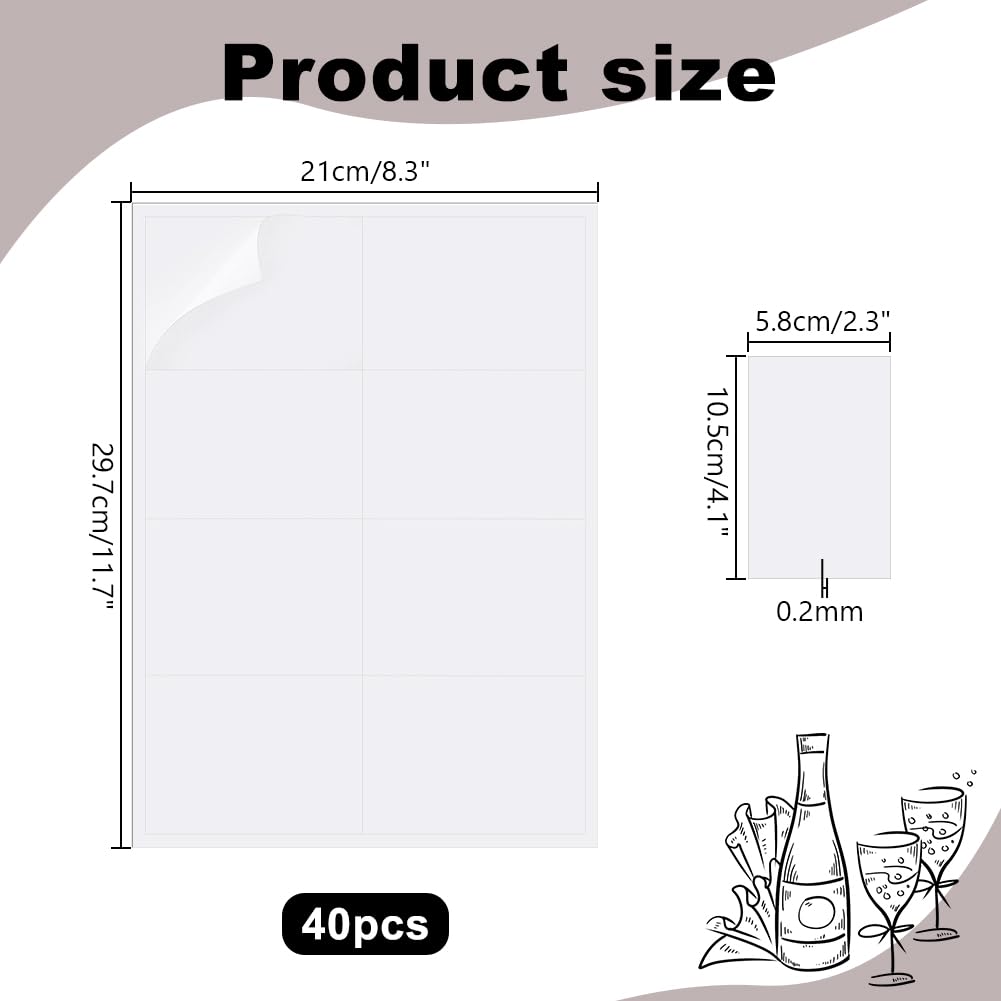 40Pcs Blank Paper Self-adhesive Label Stickers for Laser Printing Rectangle White 297x210x0.2mm